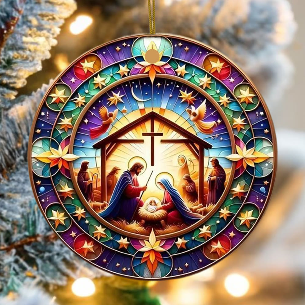 Christianartworkshop Vibrant Colored Nativity Scene Angels Christmas Hanging Ornaments - image 0