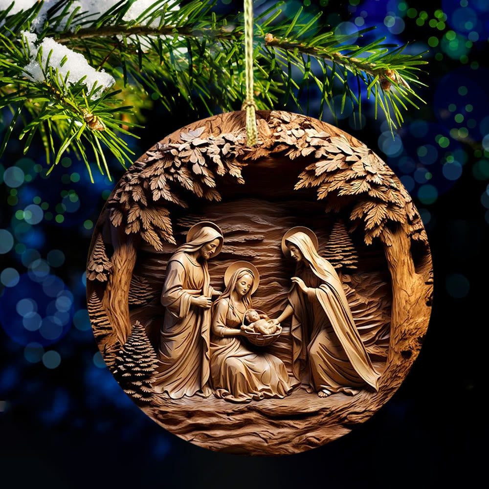 Christianartworkshop Warm Wood - Toned Holy Family Nativity Hanging Ornaments - Ceramics - image 0
