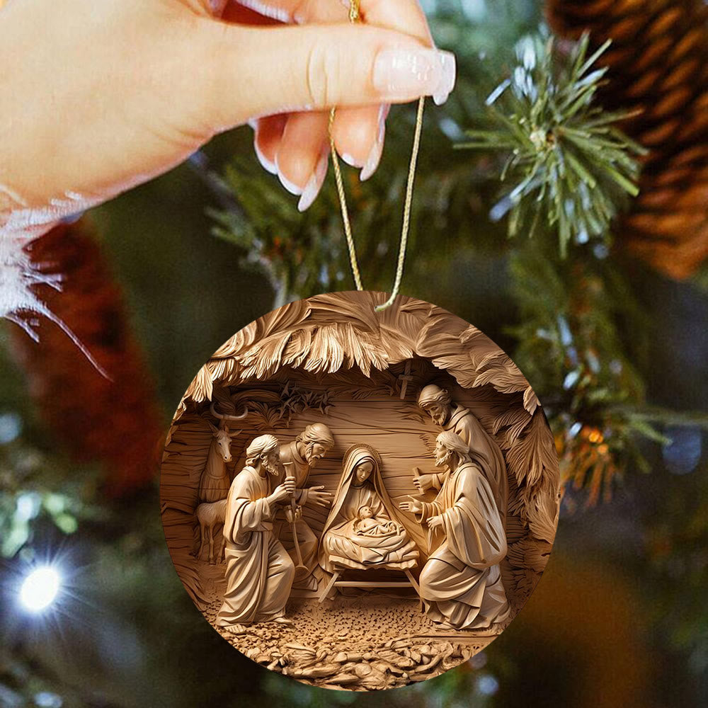 Christianartworkshop Wood-Toned Nativity Scene with Animals Christmas Hanging Ornaments - image 1
