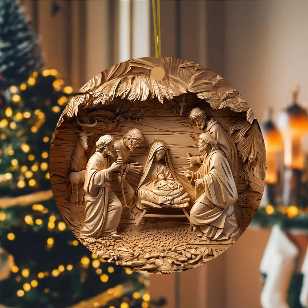 Christianartworkshop Wood-Toned Nativity Scene with Animals Christmas Hanging Ornaments - Ceramics - image 0
