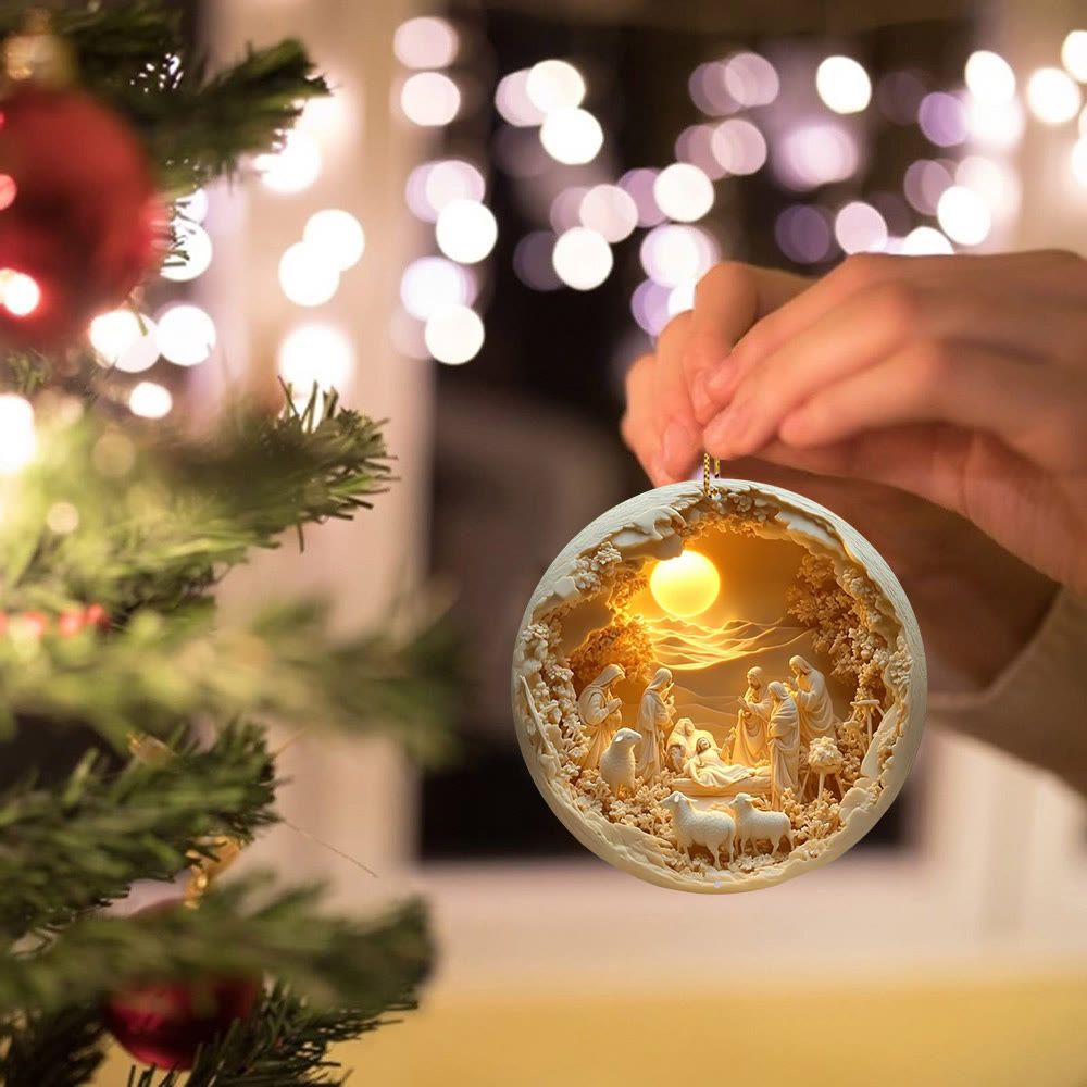 Christianartworkshop Cozy Cream Nativity Scene with Sheep Christmas Hanging Ornaments - image 2