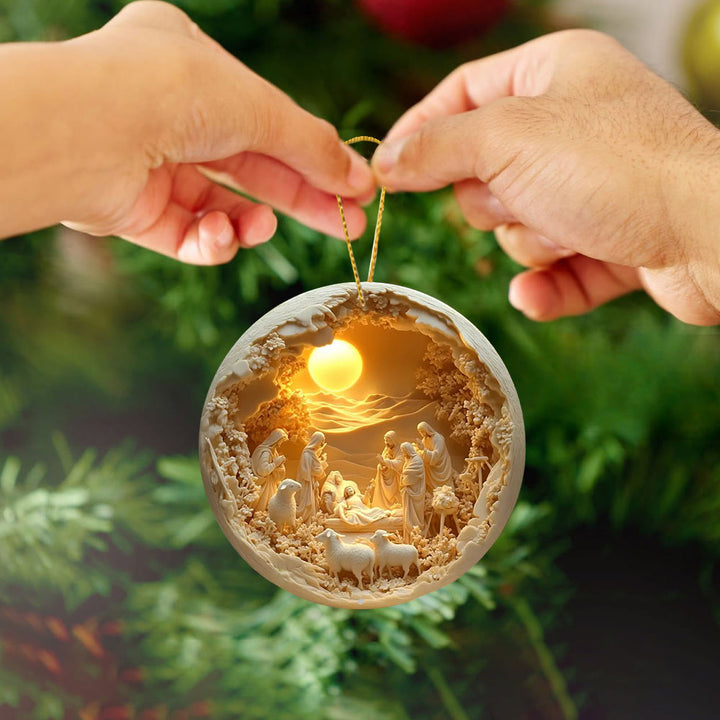 Christianartworkshop Cozy Cream Nativity Scene with Sheep Christmas Hanging Ornaments - Ceramics - image 1