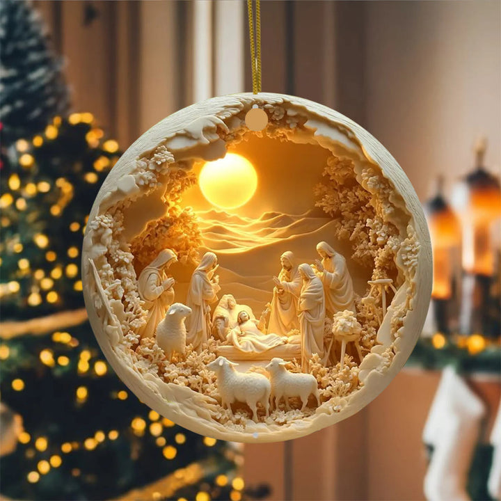 Christianartworkshop Cozy Cream Nativity Scene with Sheep Christmas Hanging Ornaments - image 0
