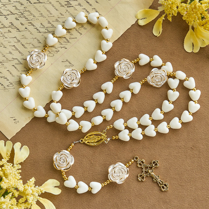 Christianartworkshop 10mm Luminous Heart and White Rose Rosary: Mary's Gentle Protection - Luminous Heart Beads - image 0