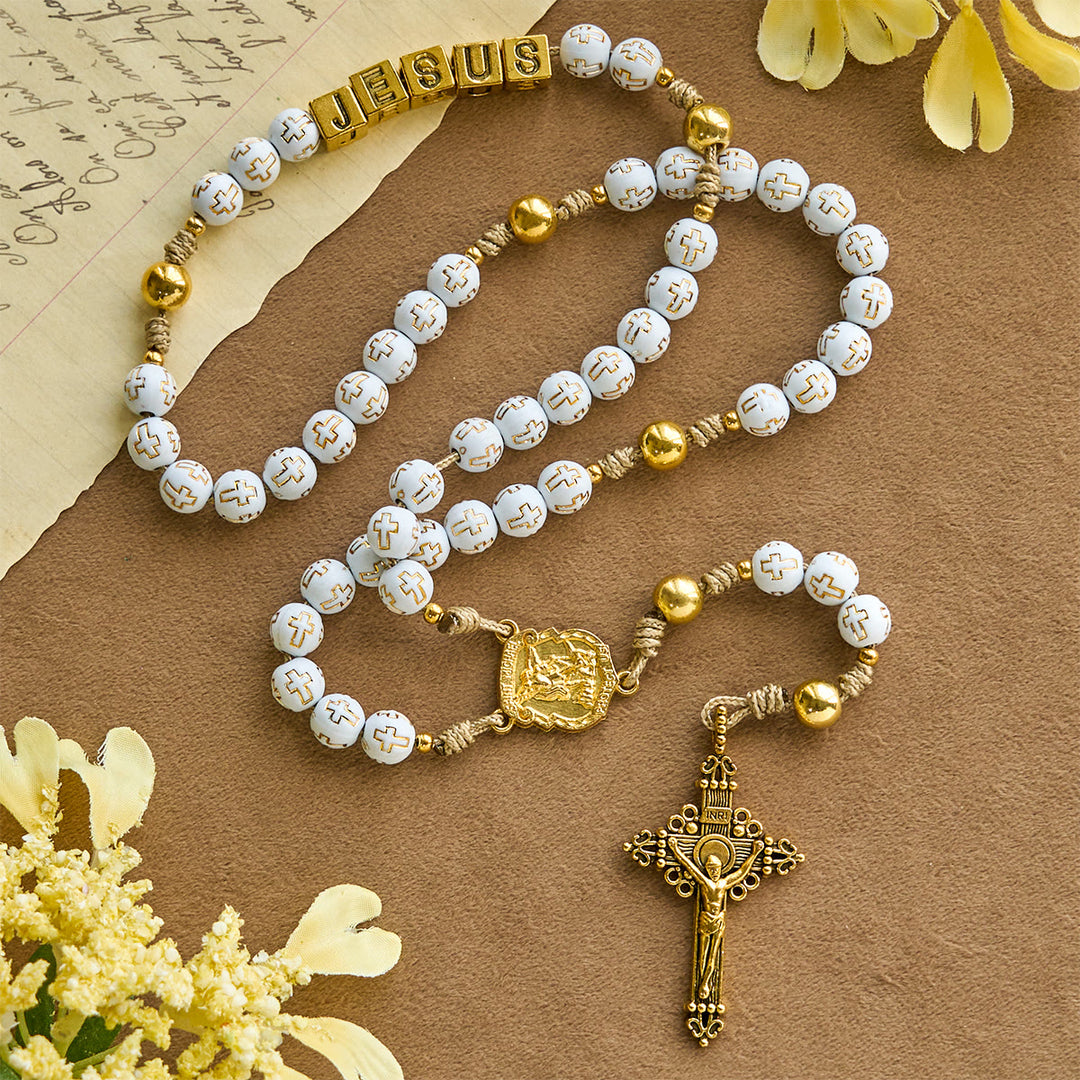 Christianartworkshop Ivory Golden Cross Beads Prayer Rosary with St. Michael & Personalized JESUS Letter - image 3