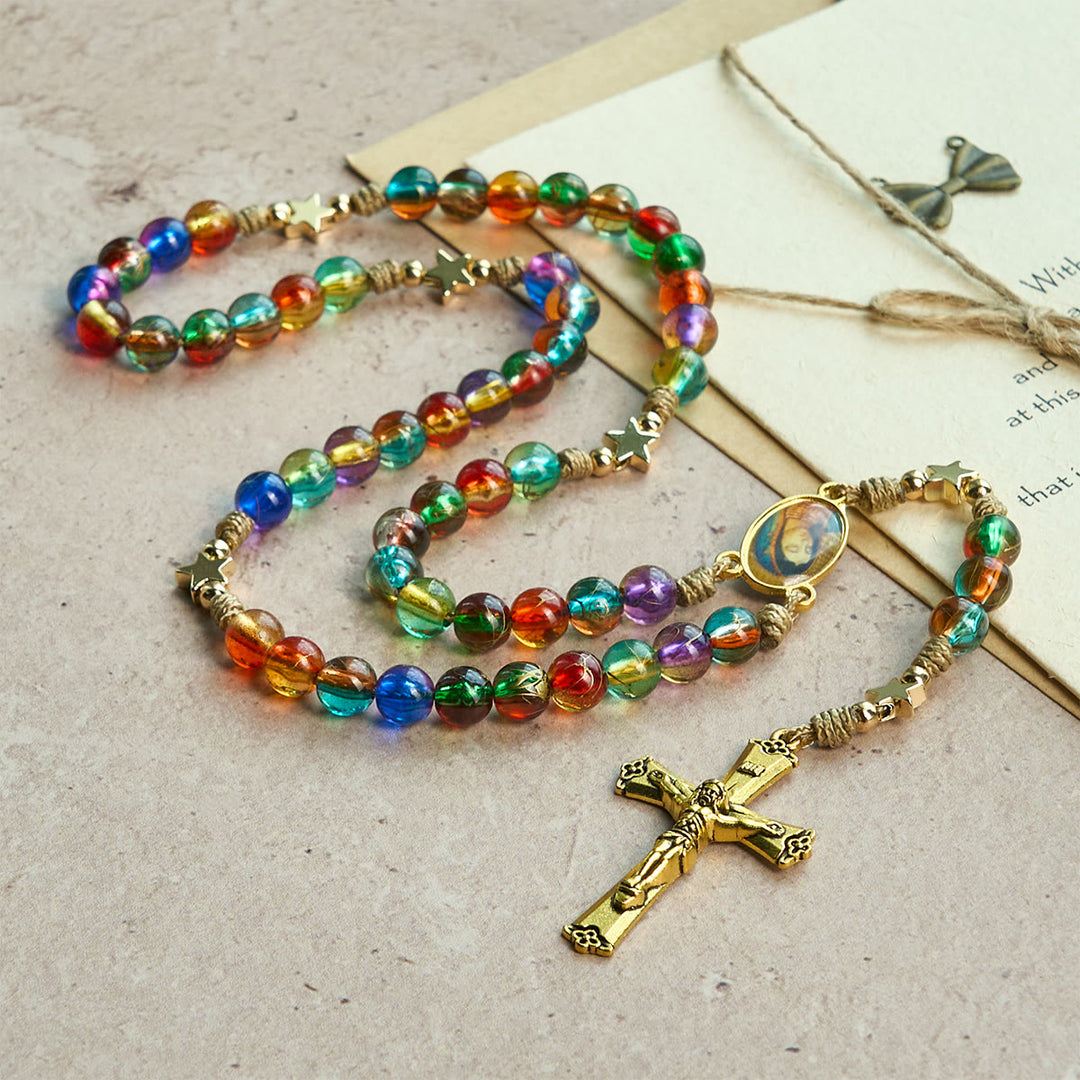 Christianartworkshop Festive Joy Colorful Clear Beads and Star Accents Christmas Rosary: Follow the Holy Light - image 4