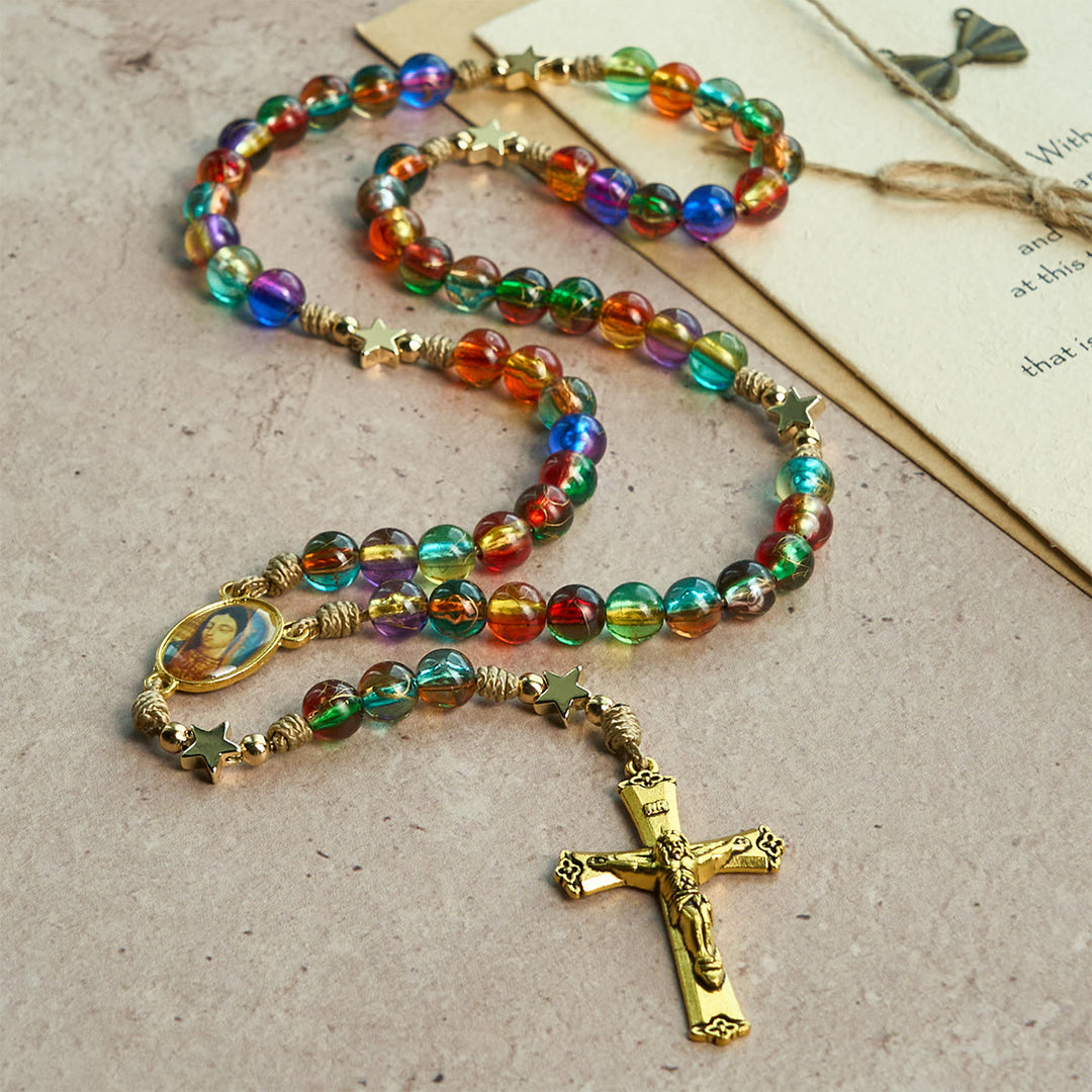Christianartworkshop Festive Joy Colorful Clear Beads and Star Accents Christmas Rosary: Follow the Holy Light - image 5