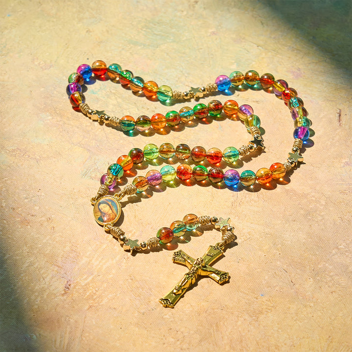 Christianartworkshop Festive Joy Colorful Clear Beads and Star Accents Christmas Rosary: Follow the Holy Light - image 6