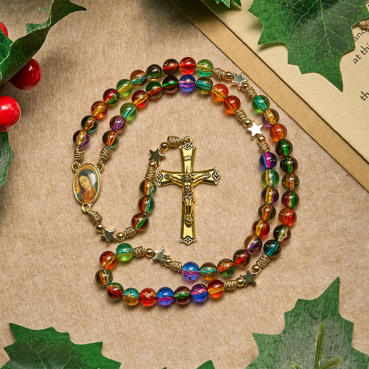 Christianartworkshop Festive Joy Colorful Clear Beads and Star Accents Christmas Rosary: Follow the Holy Light - Christmas Rosary - image 0