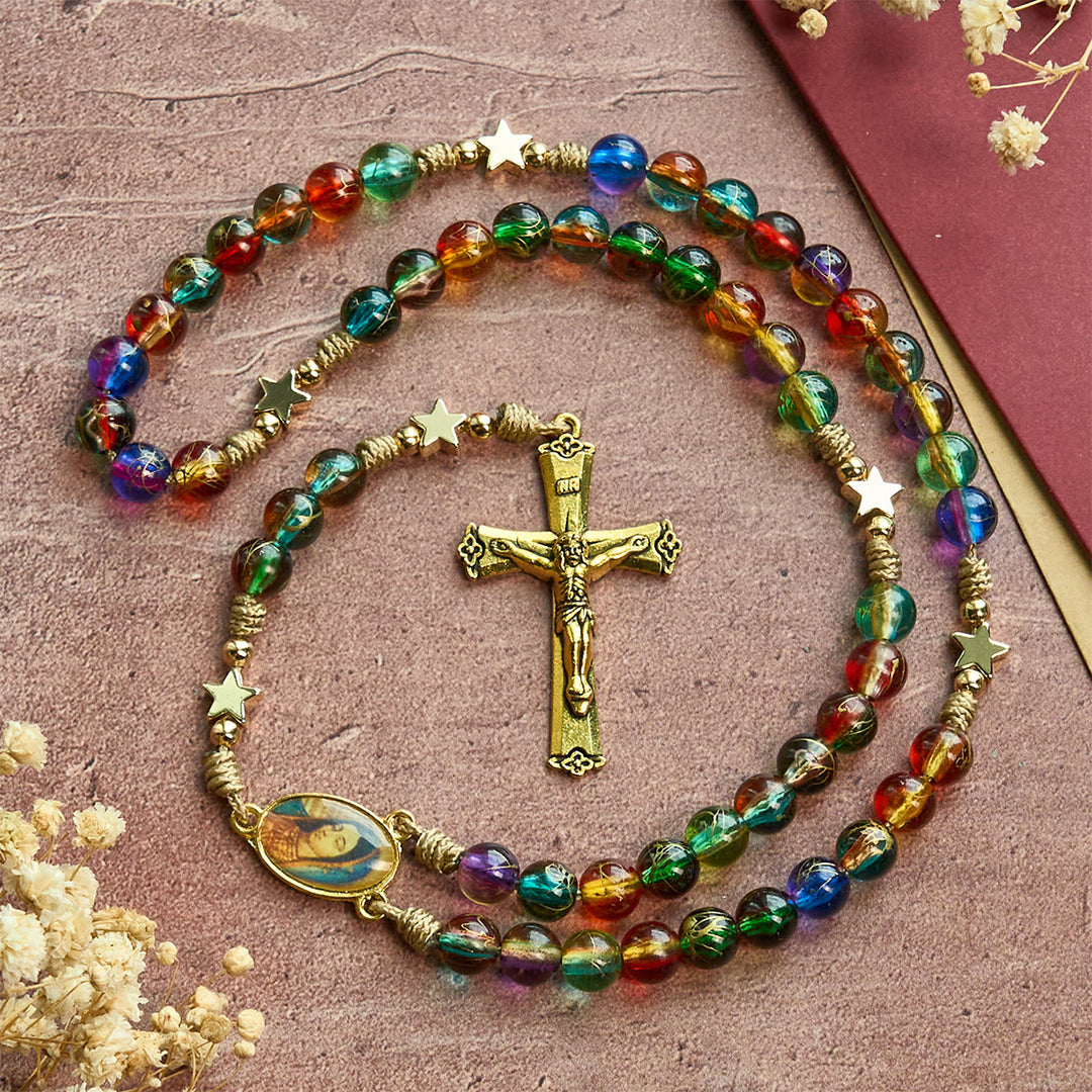 Christianartworkshop Festive Joy Colorful Clear Beads and Star Accents Christmas Rosary: Follow the Holy Light - image 2