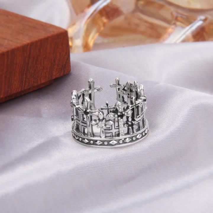 Christianartworkshop 925 Sterling Gothic Lattice Cross Crown Ring with Church Motifs - S925 - image 0