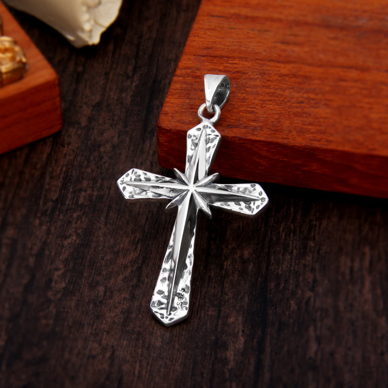 Christianartworkshop Gothic Inspired Sterling Cross Pendant Necklace with Carved Starburst - S925 - image 0