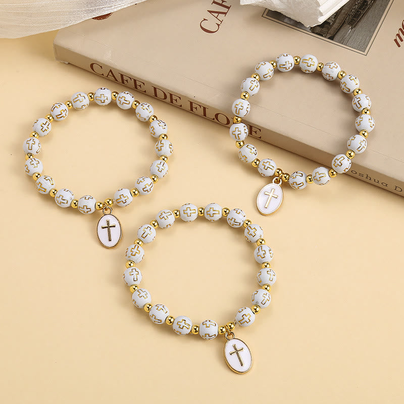 Christianartworkshop Elegant Clean White & Golden Cross Bead Bracelet: Pure Grace Every Day - Wrist Circumference: 6.3''-7.5''/16-19cm - image 0
