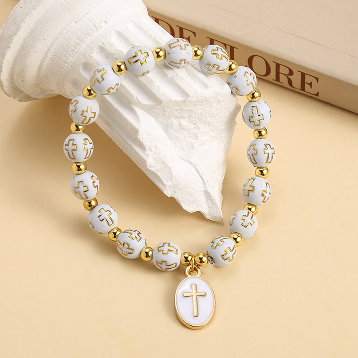 Christianartworkshop Elegant Clean White & Golden Cross Bead Bracelet: Pure Grace Every Day - image 3