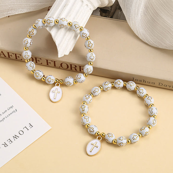 Christianartworkshop Elegant Clean White & Golden Cross Bead Bracelet: Pure Grace Every Day - image 1