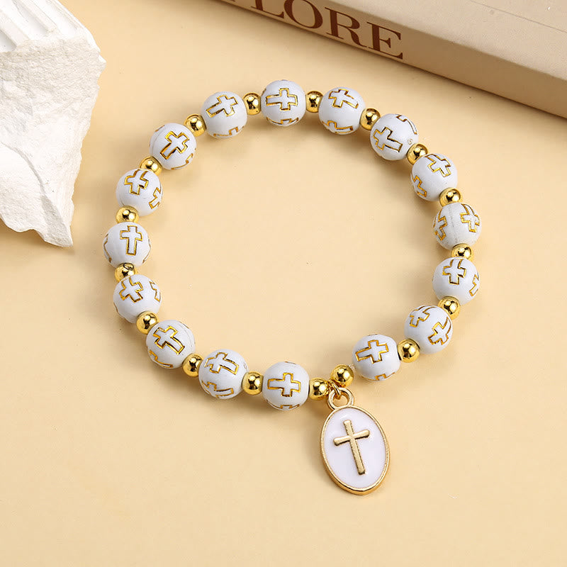 Christianartworkshop Elegant Clean White & Golden Cross Bead Bracelet: Pure Grace Every Day - image 2