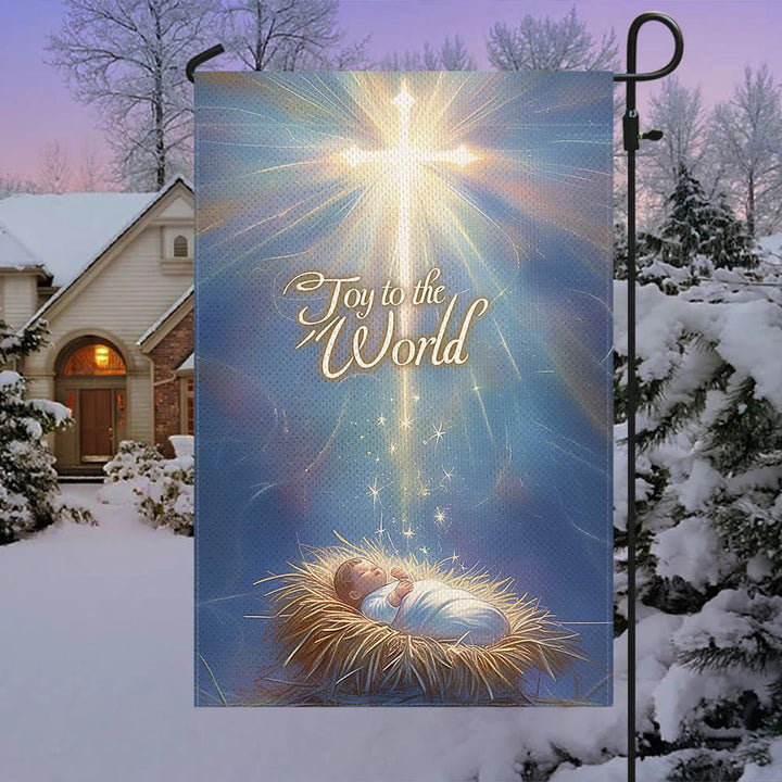 Christianartworkshop Blue - Toned Joy to the World Nativity Garden Flag with Glowing Cross - image 2