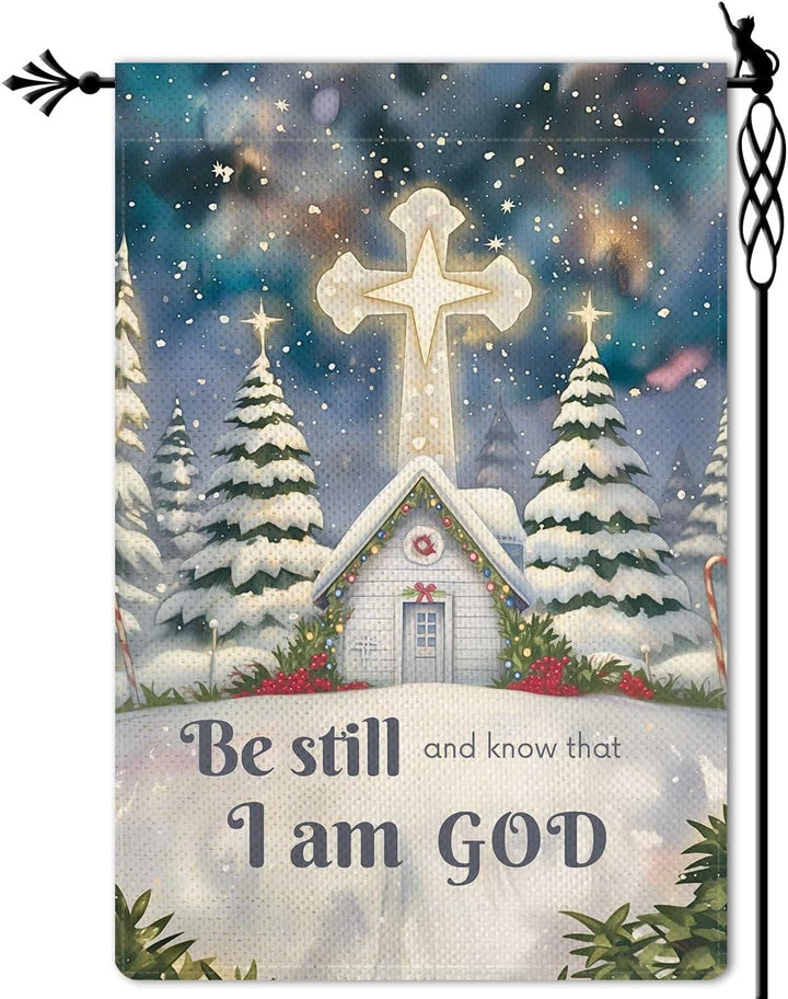 Christianartworkshop Winter Snow Scene Church Garden Flag - Be Still and Know That I Am God - image 6