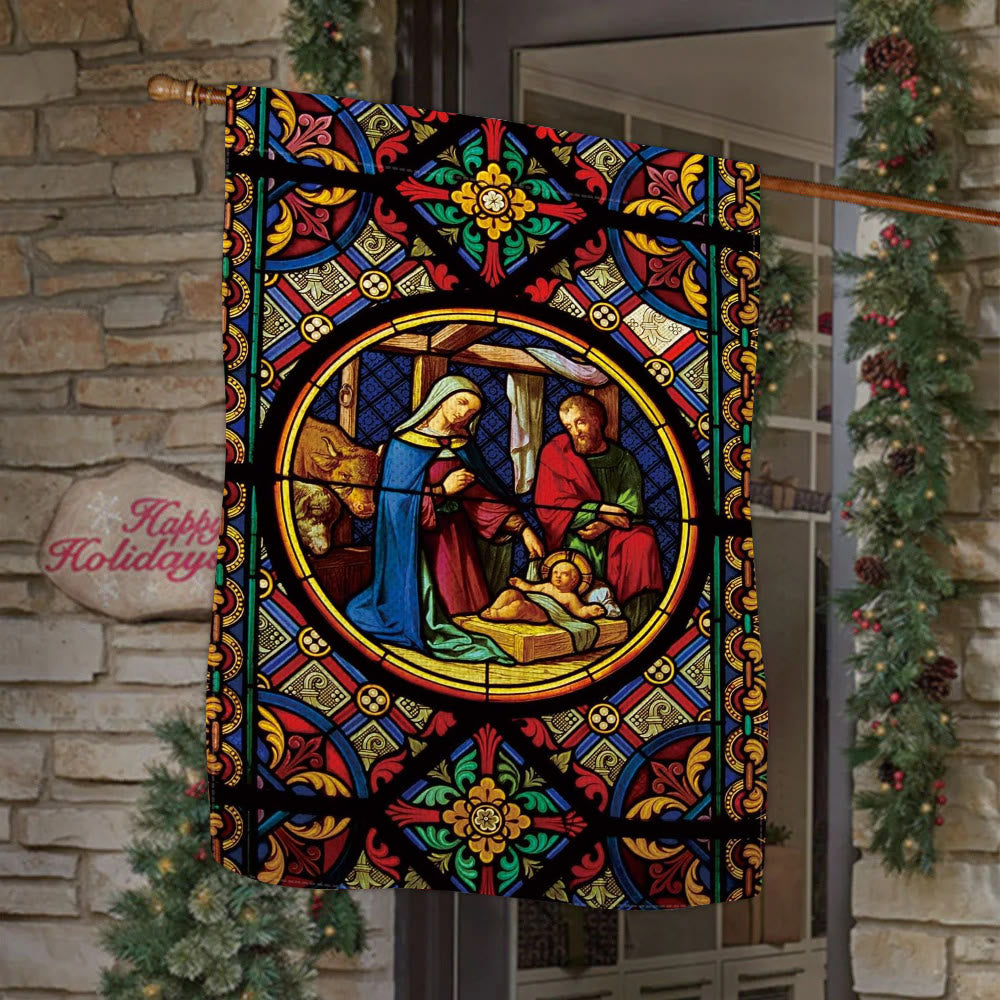 Christianartworkshop Ornate Stained Nativity Garden Flag with Holy Family & Divine Colors - 90×150cm (3×5 ft.) - image 0