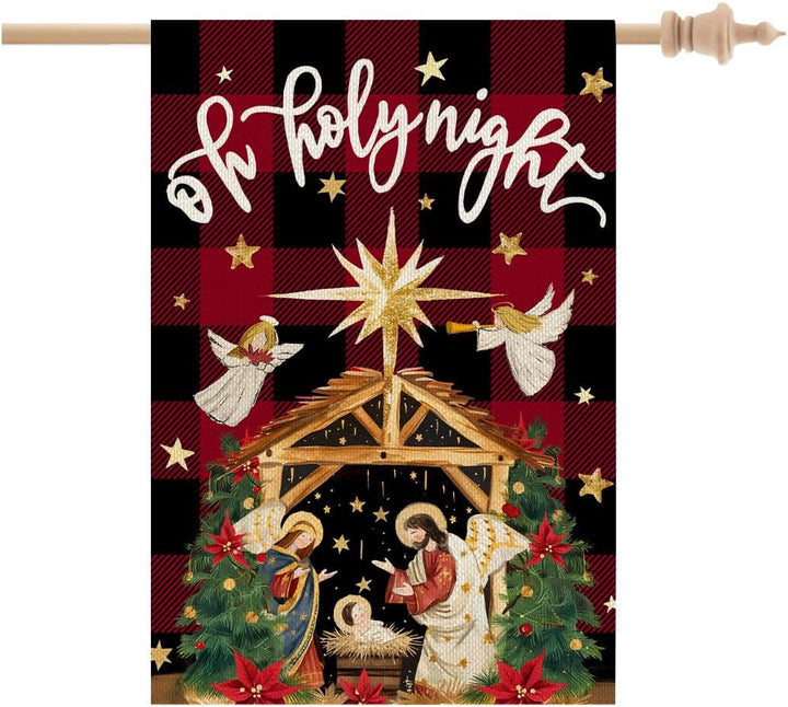 Christianartworkshop Traditional O Holy Night Buffalo Plaid Nativity Garden Flag with Angels - image 6