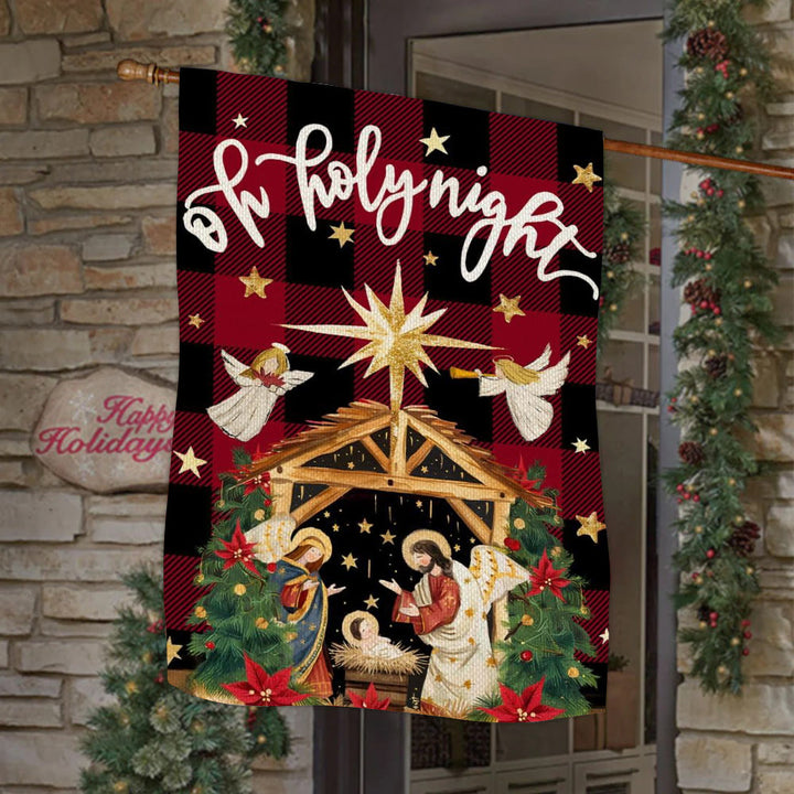 Christianartworkshop Traditional O Holy Night Buffalo Plaid Nativity Garden Flag with Angels - image 1