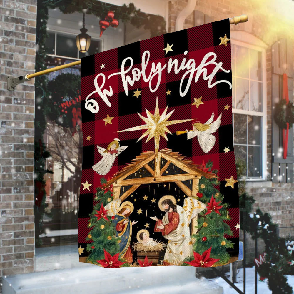 Christianartworkshop Traditional O Holy Night Buffalo Plaid Nativity Garden Flag with Angels - image 3