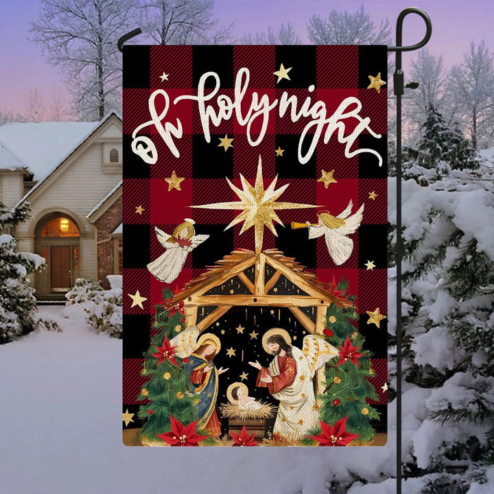 Christianartworkshop Traditional O Holy Night Buffalo Plaid Nativity Garden Flag with Angels - image 2