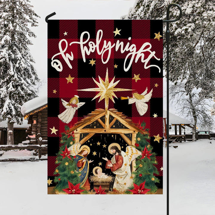Christianartworkshop Traditional O Holy Night Buffalo Plaid Nativity Garden Flag with Angels - 90×150cm (3×5 ft.) - image 0