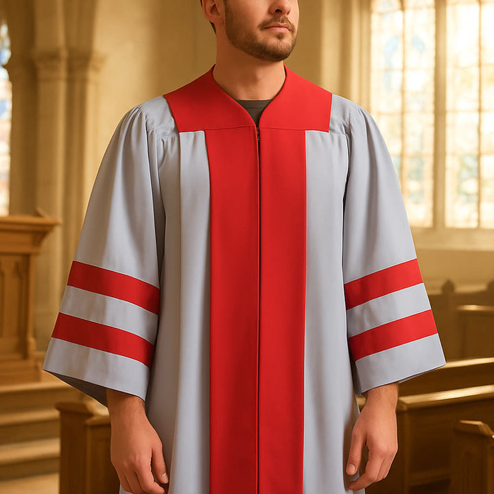 Christianartworkshop Formal Clergy Robe with Red & Gray Contrast Design - Grey with Red Stripes - 3XL - image 0