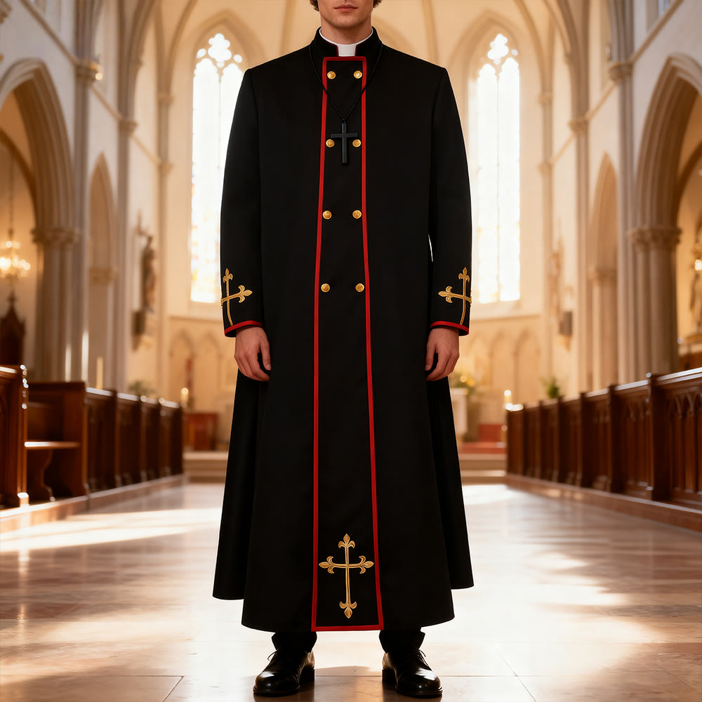 Christianartworkshop Double - Breasted Clergy Robe with Golden Cross & Red Trim - Black - XL - image 0