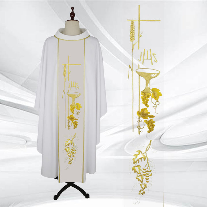 Christianartworkshop Multi - Colored Chasuble With Cross, Chalice & Wheat - Grape Motifs - White - One Size FIts Most - image 2