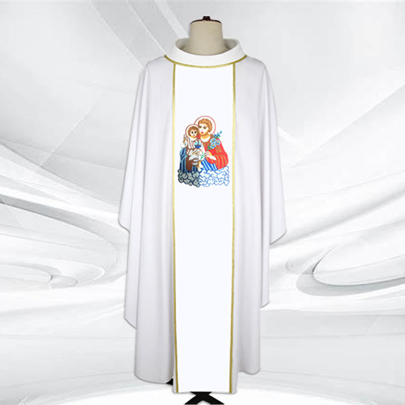Christianartworkshop Multi - Colored Chasuble with Mary & Jesus Motif & Gold Trim - White - One Size FIts Most - image 4
