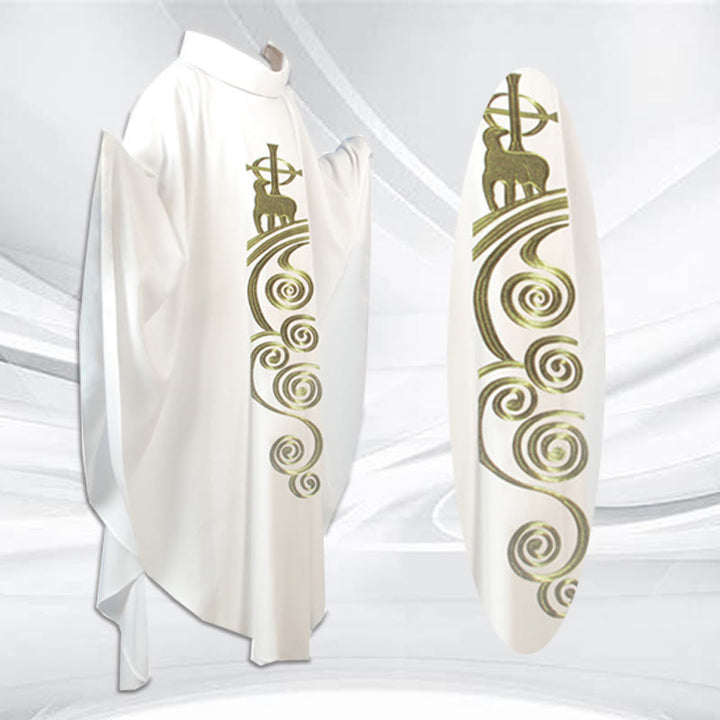 Christianartworkshop Elegant Multicolored Chasuble with Golden Lamb & Spiral Elements - White - One Size FIts Most - image 5