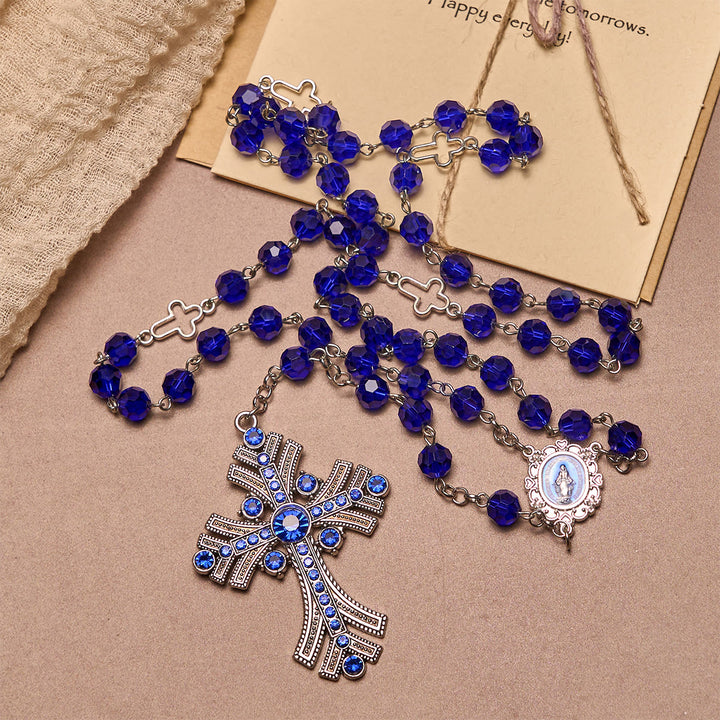 Christianartworkshop Miraculous Medal & Cross of 8 mm Polyhedron Blue Crystal Alloy Chain Rosary - Blue - image 0