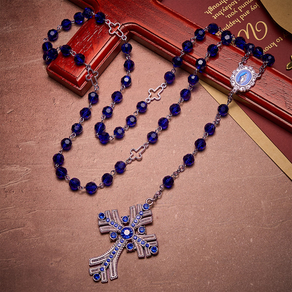 Christianartworkshop Miraculous Medal & Cross of 8 mm Polyhedron Blue Crystal Alloy Chain Rosary - image 1