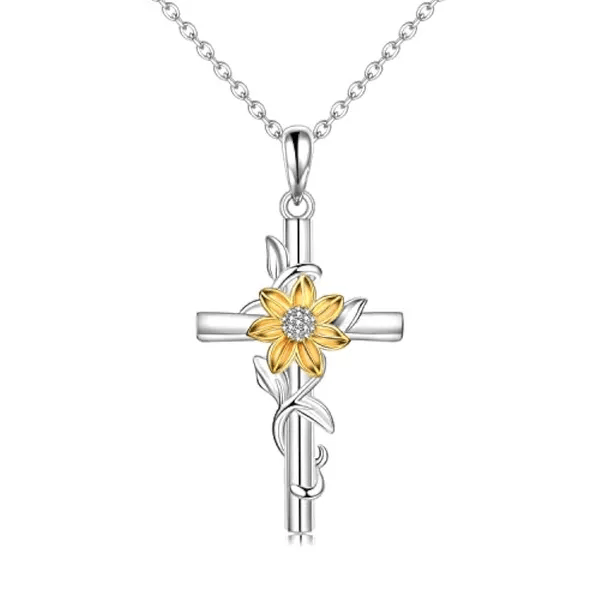 Christianartworkshop Silver-Toned Cross Pendant Necklace with Golden Floral & Leaf Detailing - Cross & Flower - image 0