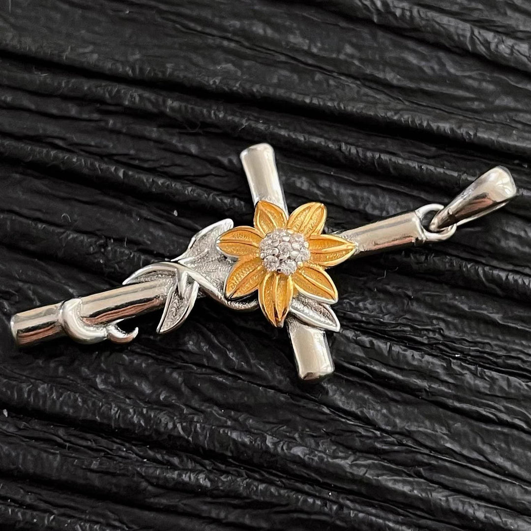 Christianartworkshop Silver-Toned Cross Pendant Necklace with Golden Floral & Leaf Detailing - image 3