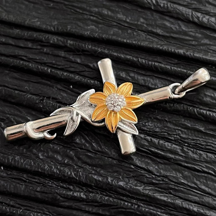 Christianartworkshop Silver-Toned Cross Pendant Necklace with Golden Floral & Leaf Detailing - image 3