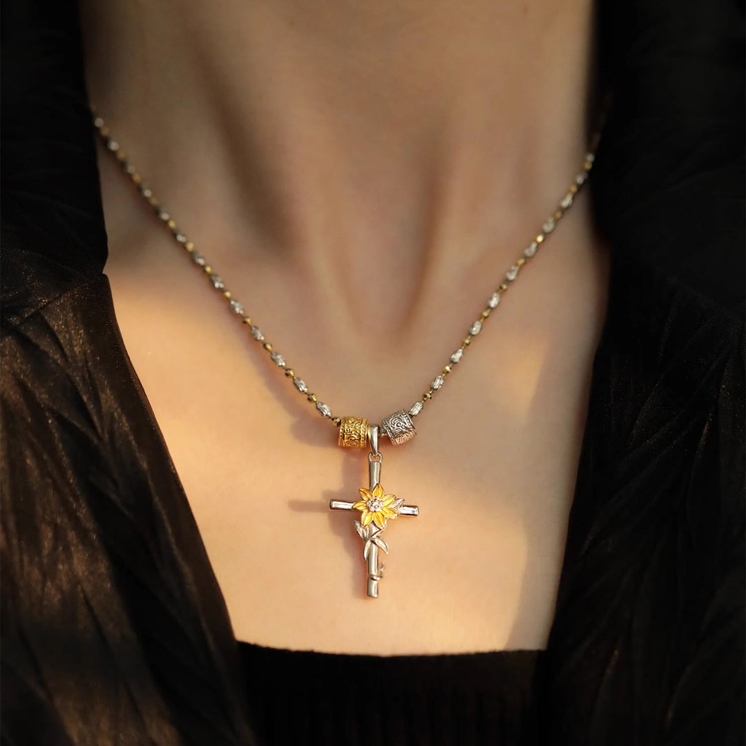 Christianartworkshop Silver-Toned Cross Pendant Necklace with Golden Floral & Leaf Detailing - image 1
