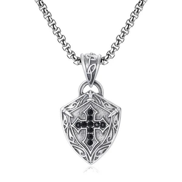 Christianartworkshop Ornate Shield - Shaped Crucifix Necklace with Black Zircons Inlays - Shield & Cross - image 0