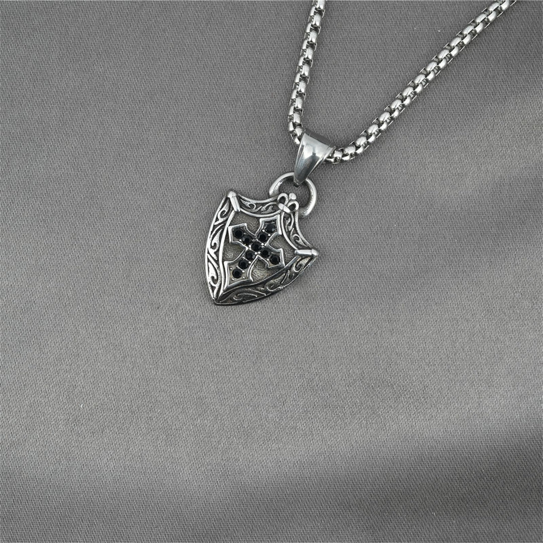 Christianartworkshop Ornate Shield - Shaped Crucifix Necklace with Black Zircons Inlays - image 2