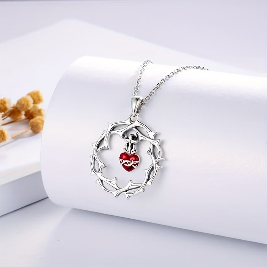 Christianartworkshop Intricate Thorn Wreath & Red Heart Cross Pendant Necklace - image 2