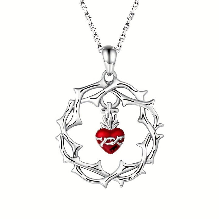 Christianartworkshop Intricate Thorn Wreath & Red Heart Cross Pendant Necklace - Thorn & Heart - image 0