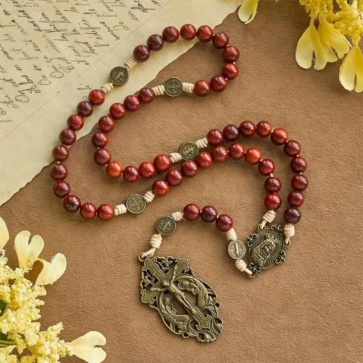 Christianartworkshop Traditional Earth-Red Beads Rosary with Antique Our Lady & St. Benedict: Guarded by Grace - image 3