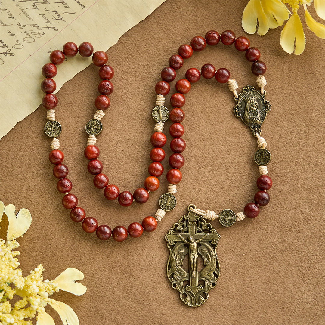 Christianartworkshop Traditional Earth-Red Beads Rosary with Antique Our Lady & St. Benedict: Guarded by Grace - Traditional Rosary - image 0