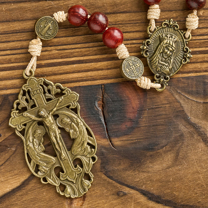 Christianartworkshop Traditional Earth-Red Beads Rosary with Antique Our Lady & St. Benedict: Guarded by Grace - image 6