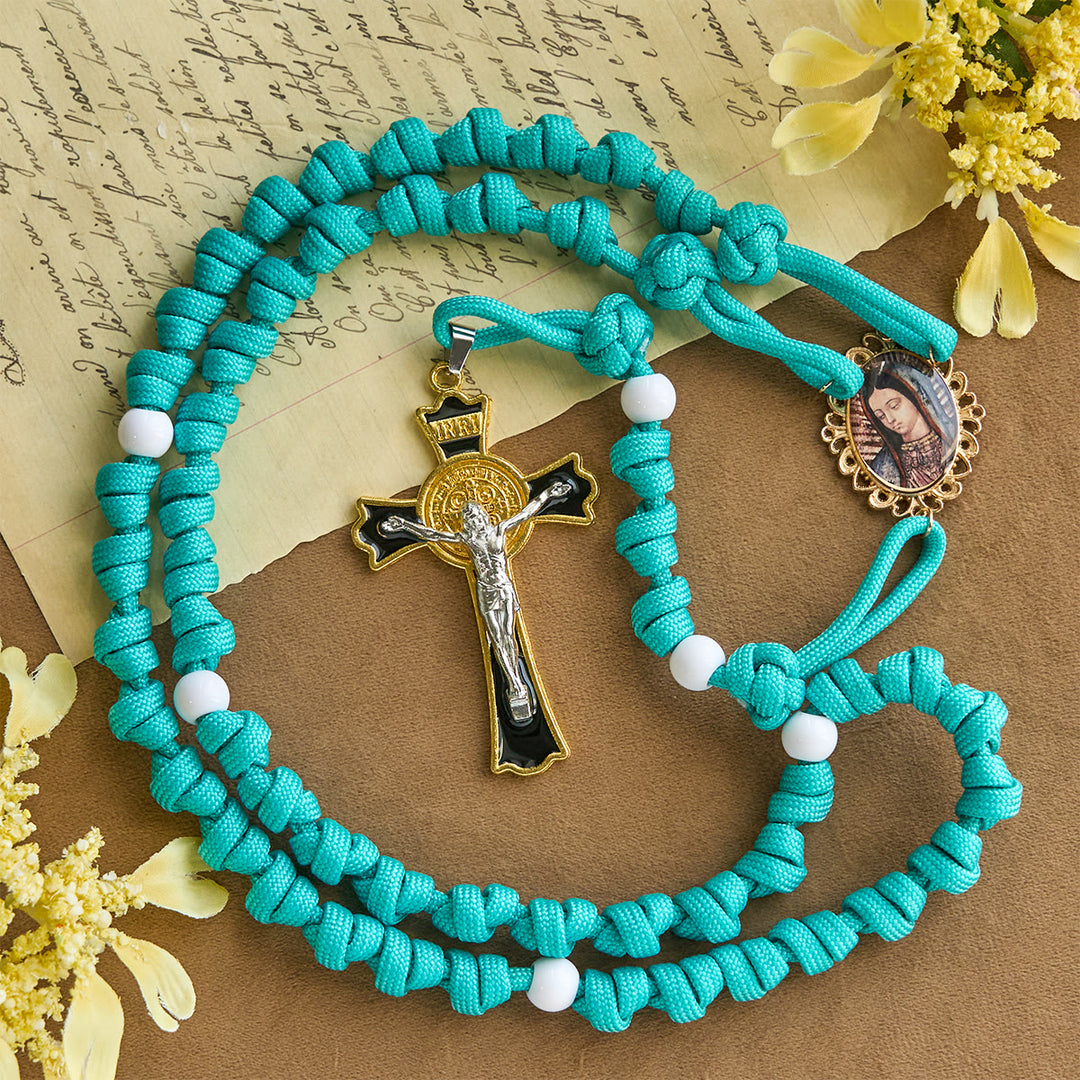 Christianartworkshop Vibrant Turquoise Knotted Rosary with Guadalupe Cameo: Strong Grip, Holy Focus - Paracord - image 0