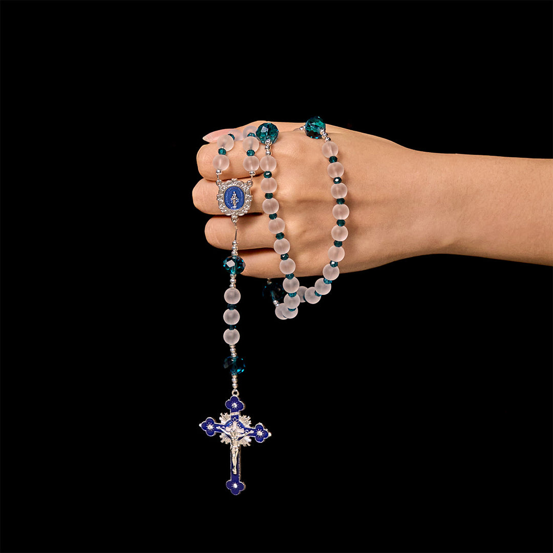 Christianartworkshop Ocean-Blue Style Frosted White Glass Rosary with Crucifix and Our Lady - image 1