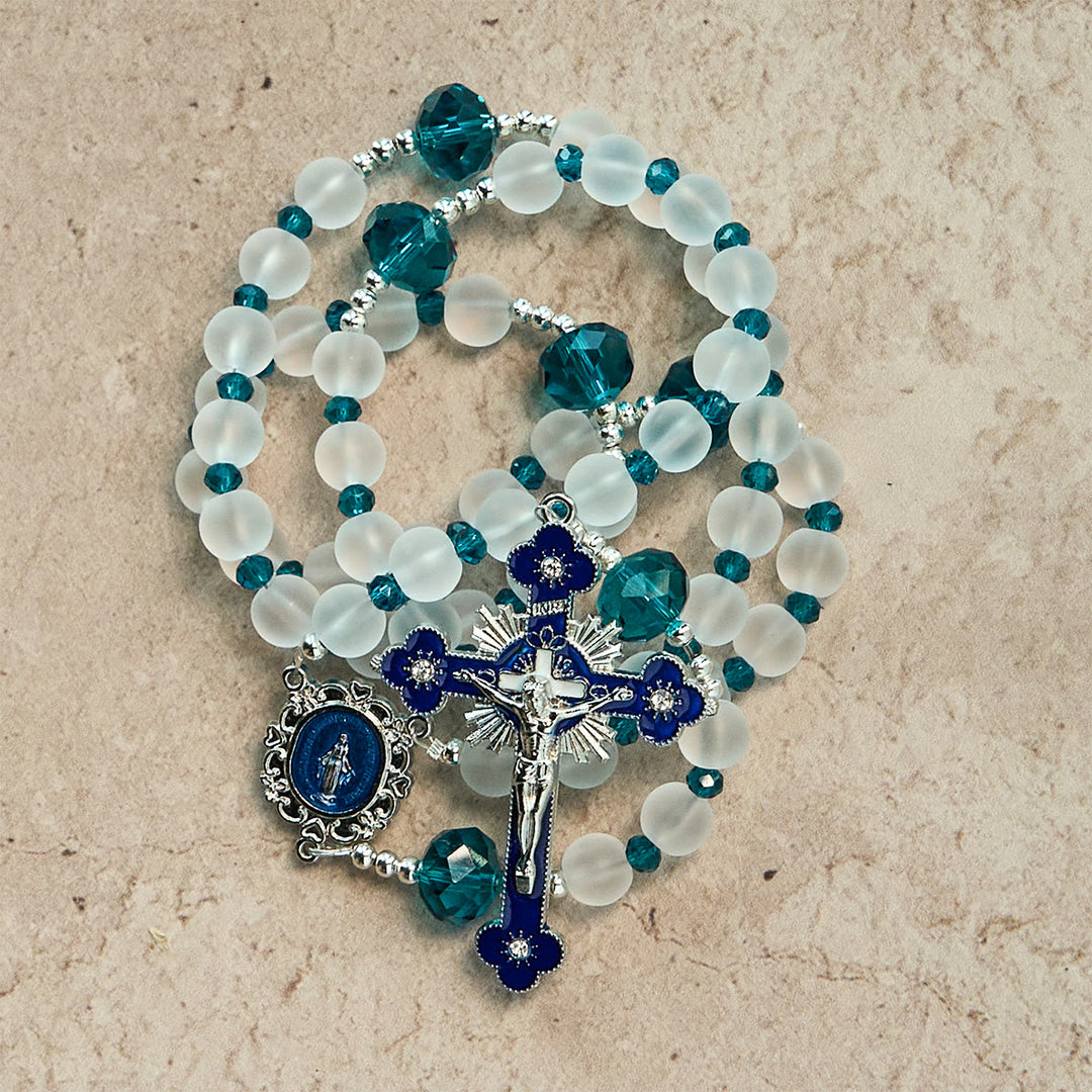 Christianartworkshop Ocean-Blue Style Frosted White Glass Rosary with Crucifix and Our Lady - image 2