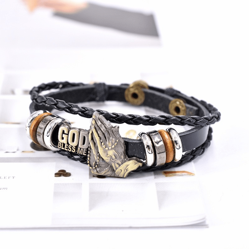 Christianartworkshop Retro - Style Praying Hands Bracelet GOD BLESS ME Black Braided Design - image 6